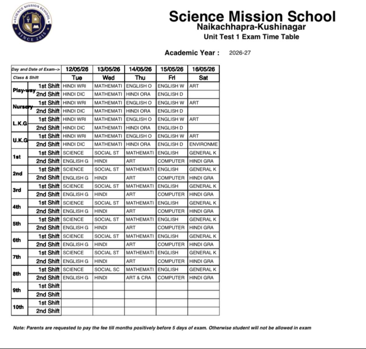 Headline: Commencement of Unit Test - I (Session 2026-27)